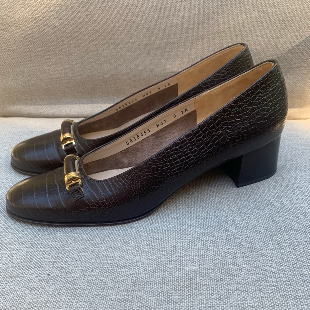 Salvatore Ferragamo Croc Chocolate Brown Leather Shoes Heels size 9 Vintage - Picture 3 of 15